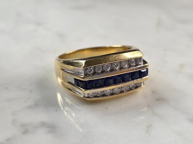 Mens Vintage Estate 14K Yellow Gold Diamond & Sapphire Ring