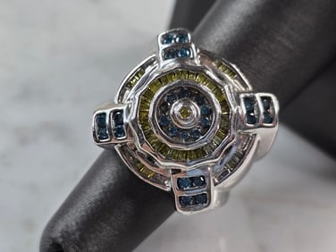 Womens Vintage Art Deco 10K White Gold Topaz & Yellow Diamond Ring