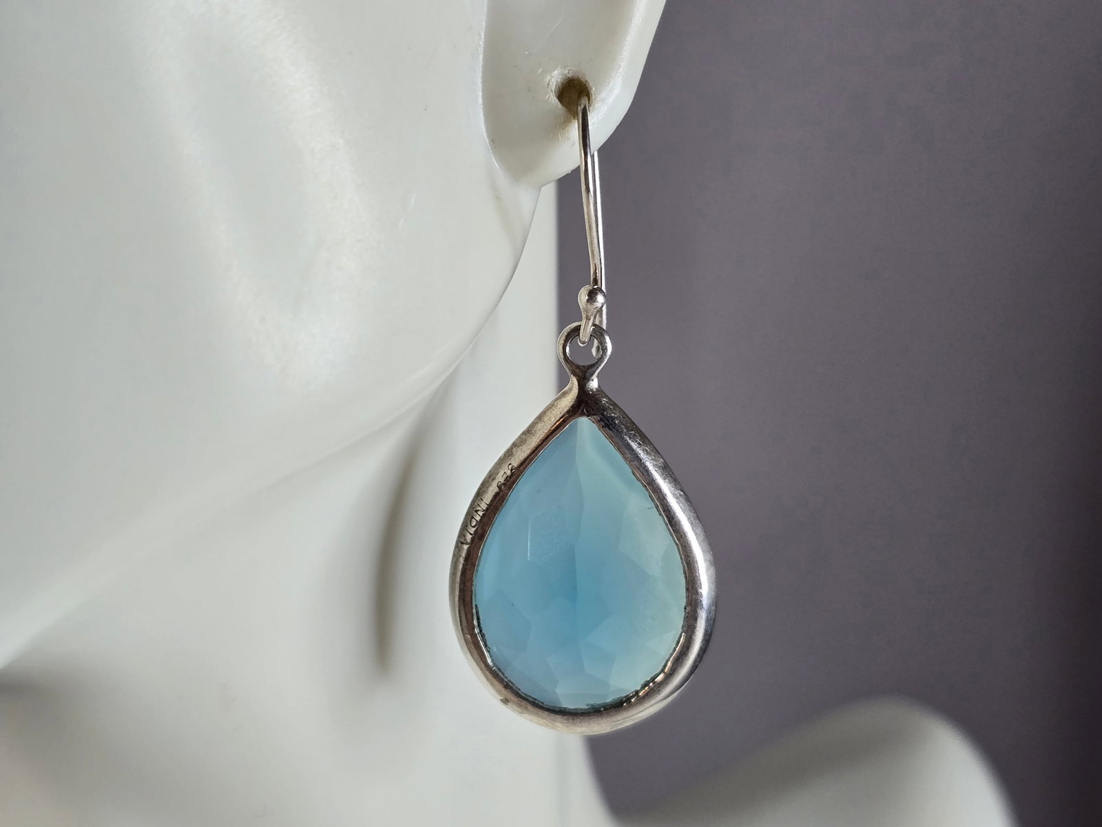 Pr Womens Vintage Estate Sterling Silver Aqua Chalcedony Dangle Earrings (1 of 4)