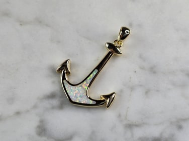 Womens Sterling Silver Gold Tone Opal Anchor Pendant