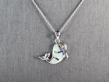 Womens Sterling Silver Opal Fish Pendant Necklace
