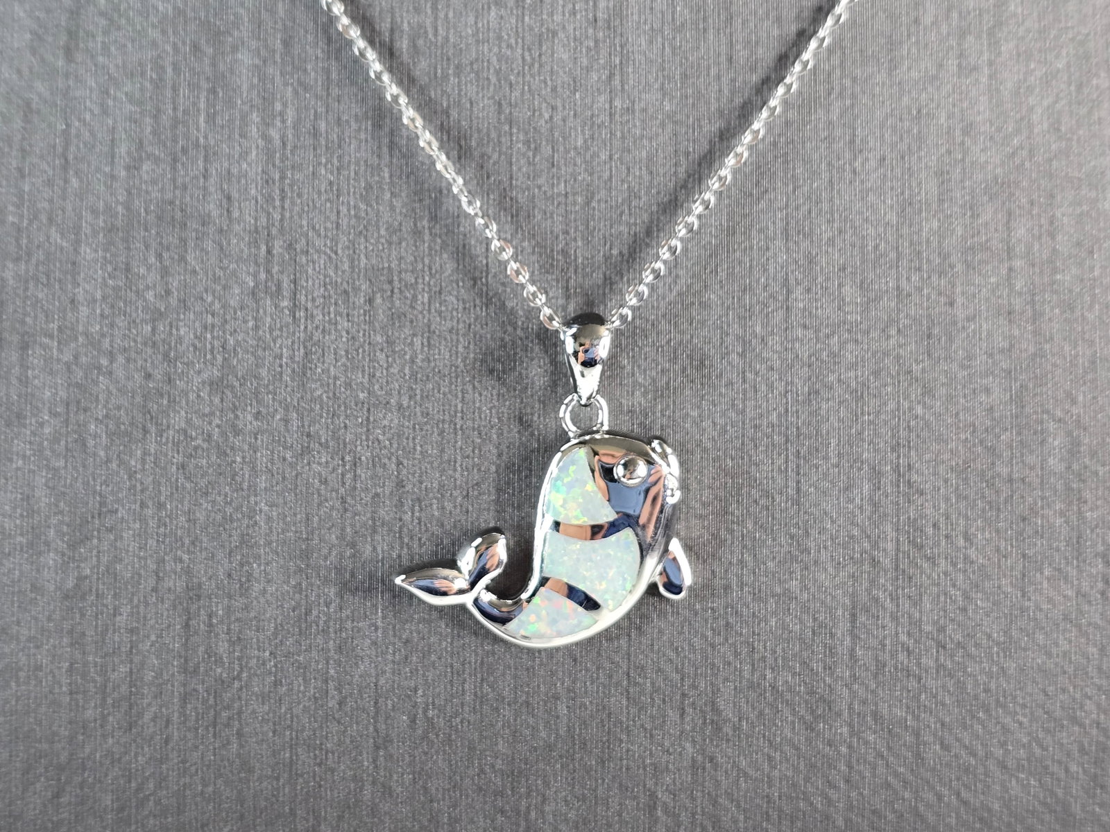 Womens Sterling Silver Opal Fish Pendant Necklace (1 of 4)