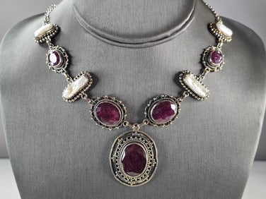 Womens Estate Sterling Silver Natural Ruby Pearl Pendant Necklace