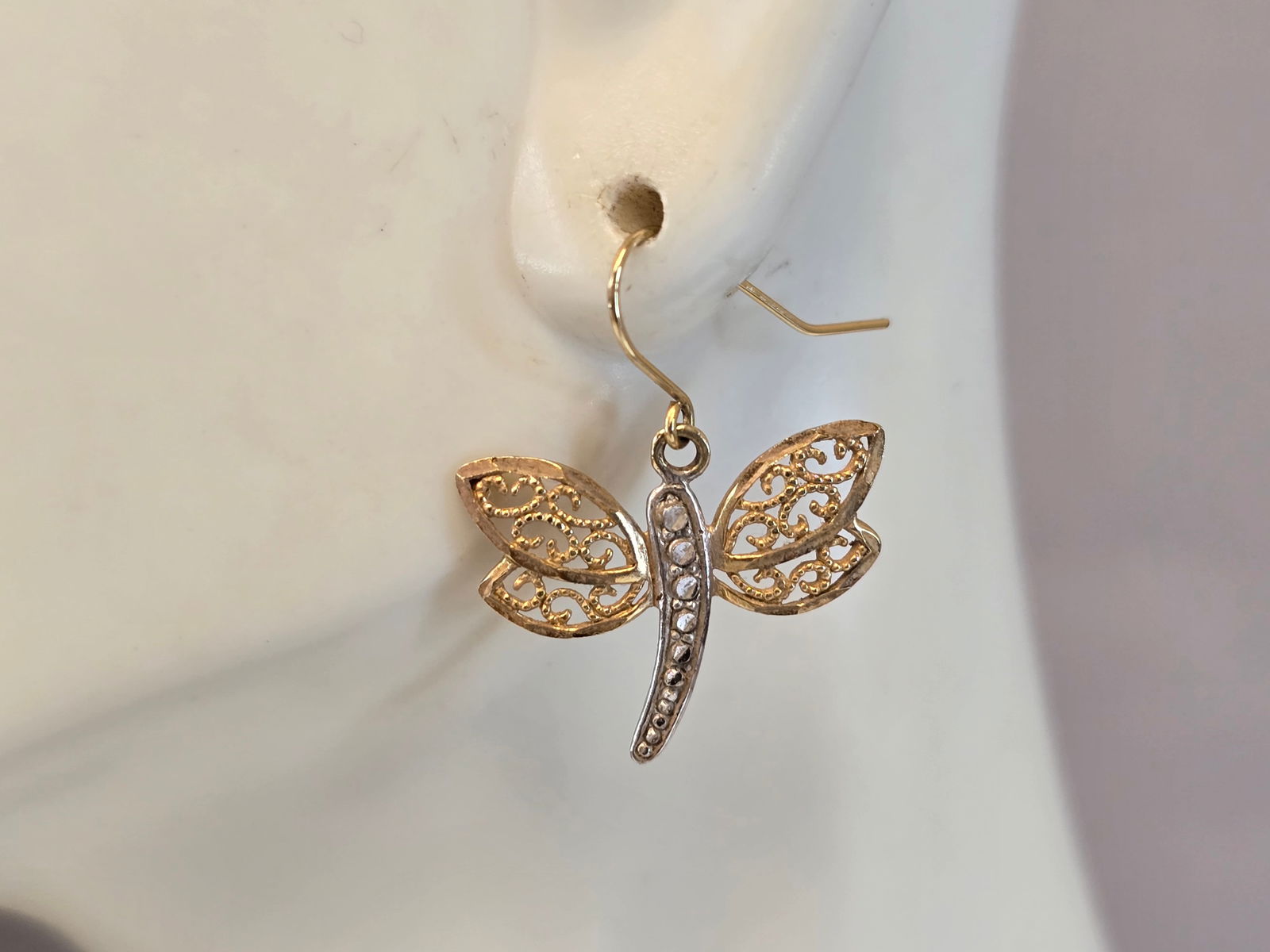 Pr Womens Vintage Estate 10K Multi Tone Gold Dragonfly Earrings (1 of 4)