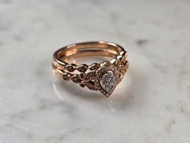 Womens Vintage Estate 14K Rose Gold Diamond Ring Set