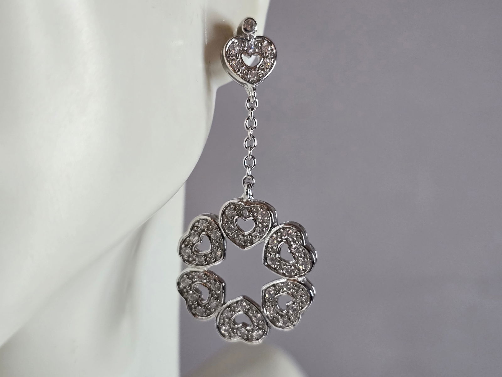 Womens Vintage Estate Sterling Silver CZ Dangle Heart Earrings (1 of 4)