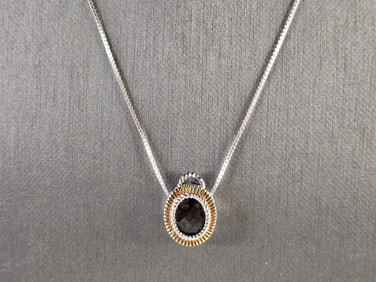 Womens Vintage Estate Sterling Silver Smoky Quartz Pendant Necklace