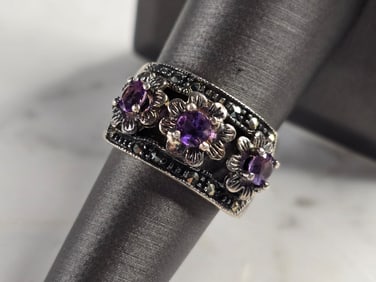 Womens Vintage Estate Sterling Silver Amethyst Flower Ring