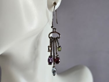 Womens Vintage Estate Sterling Silver Modernist Multi Stone Earrings