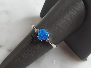 Womens Sterling Silver Modernist Blue Opal Heart Ring