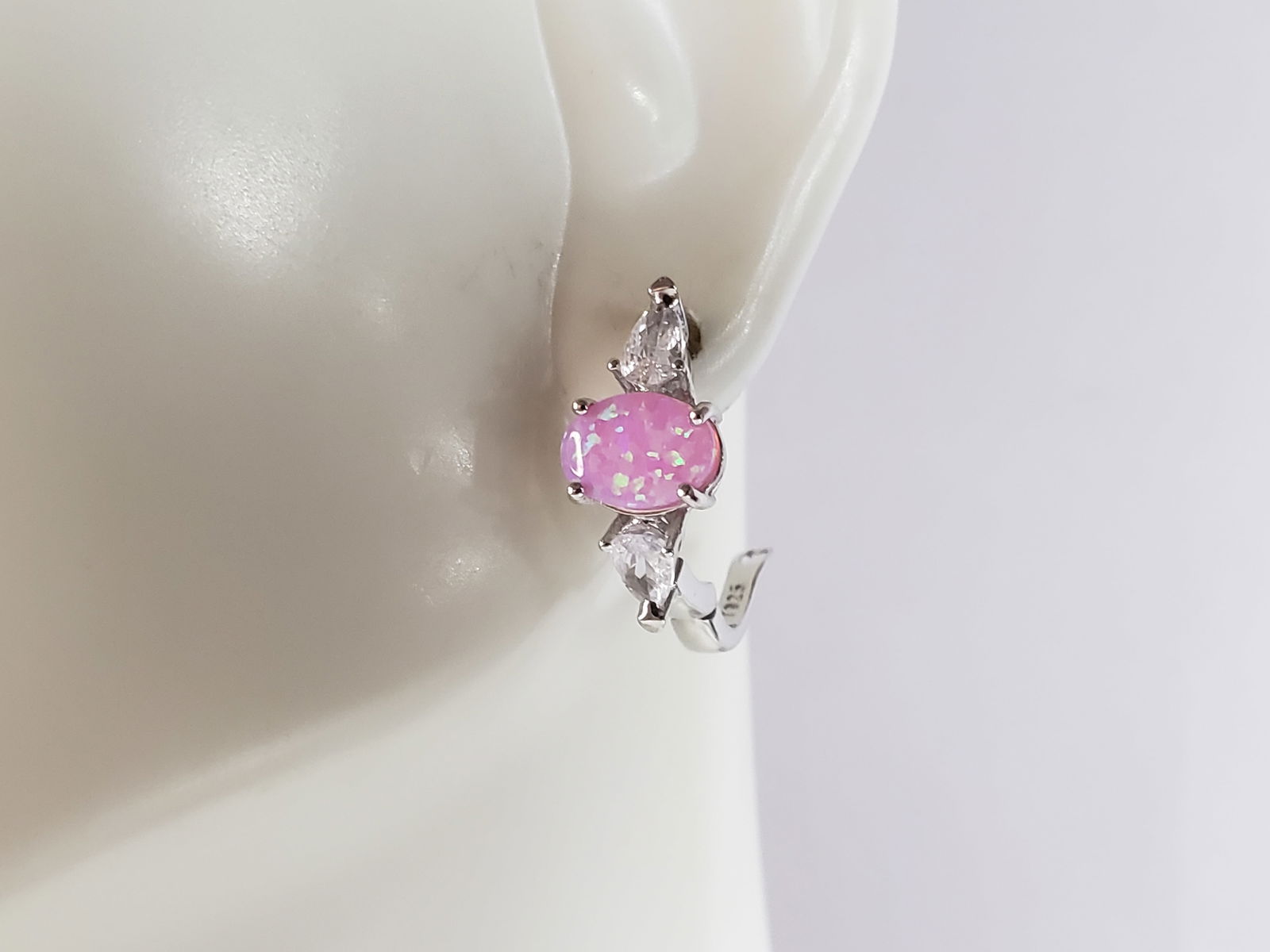 Womens Vintage Estate Sterling Silver Pink Opal Stone Earrings (1 of 3)