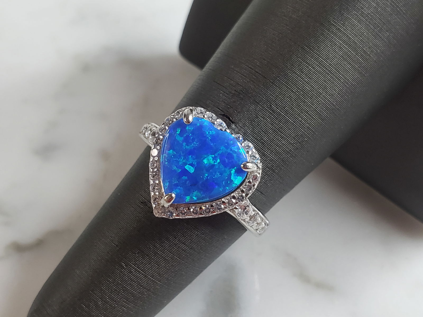 Womens Estate Sterling Silver Modernist Blue Opal Heart Ring (1 of 5)