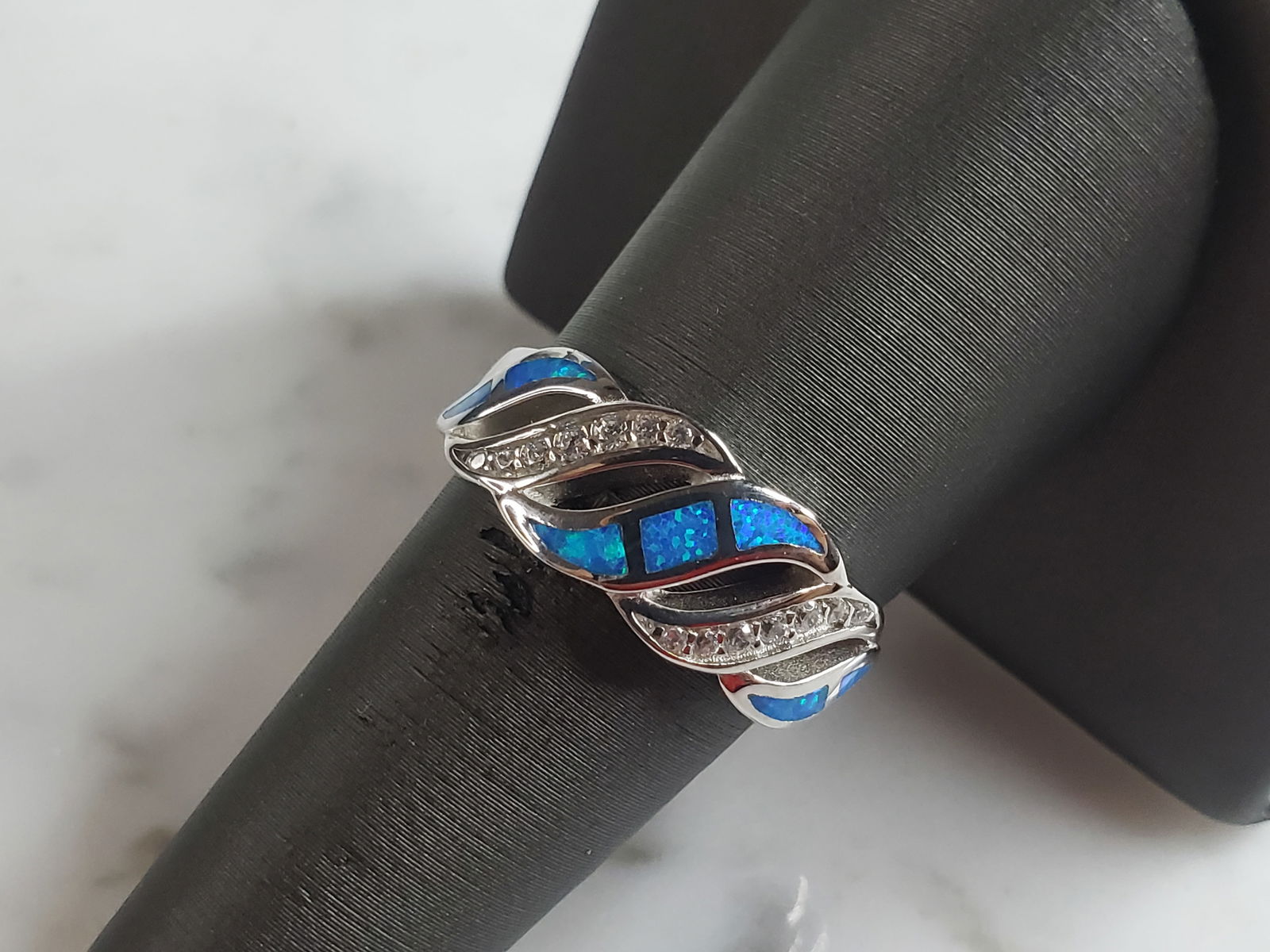 Womens Estate Sterling Silver Modernist Blue Opal & CZ Ring (1 of 5)