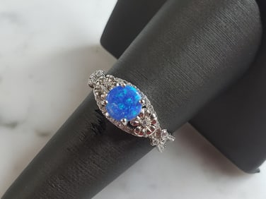 Womens Estate Sterling Silver Modernist Blue Opal Floral Ring