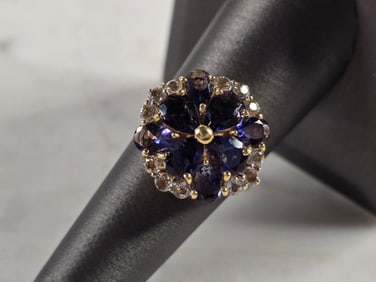 Womens Vintage Estate 14K Gold Tanzanite & CZ Floral Ring