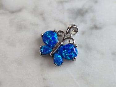 Womens Sterling Silver Blue Opal Butterfly Pendant
