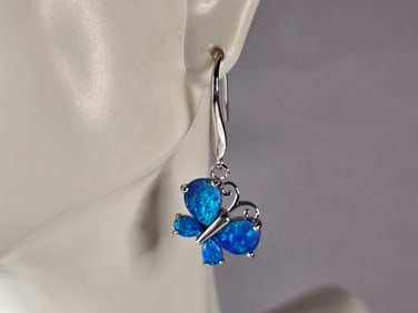Womens Estate Sterling Silver Blue Opal Butterfly Earrings