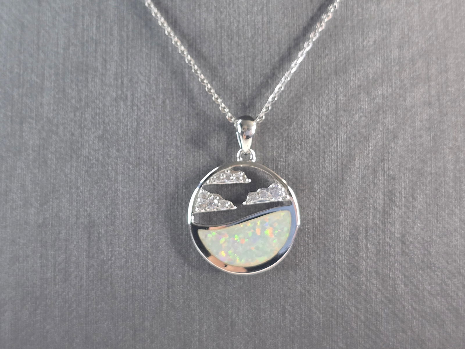 Womens Sterling Silver Opal Ocean Wave Cloud Pendant Necklace (1 of 4)