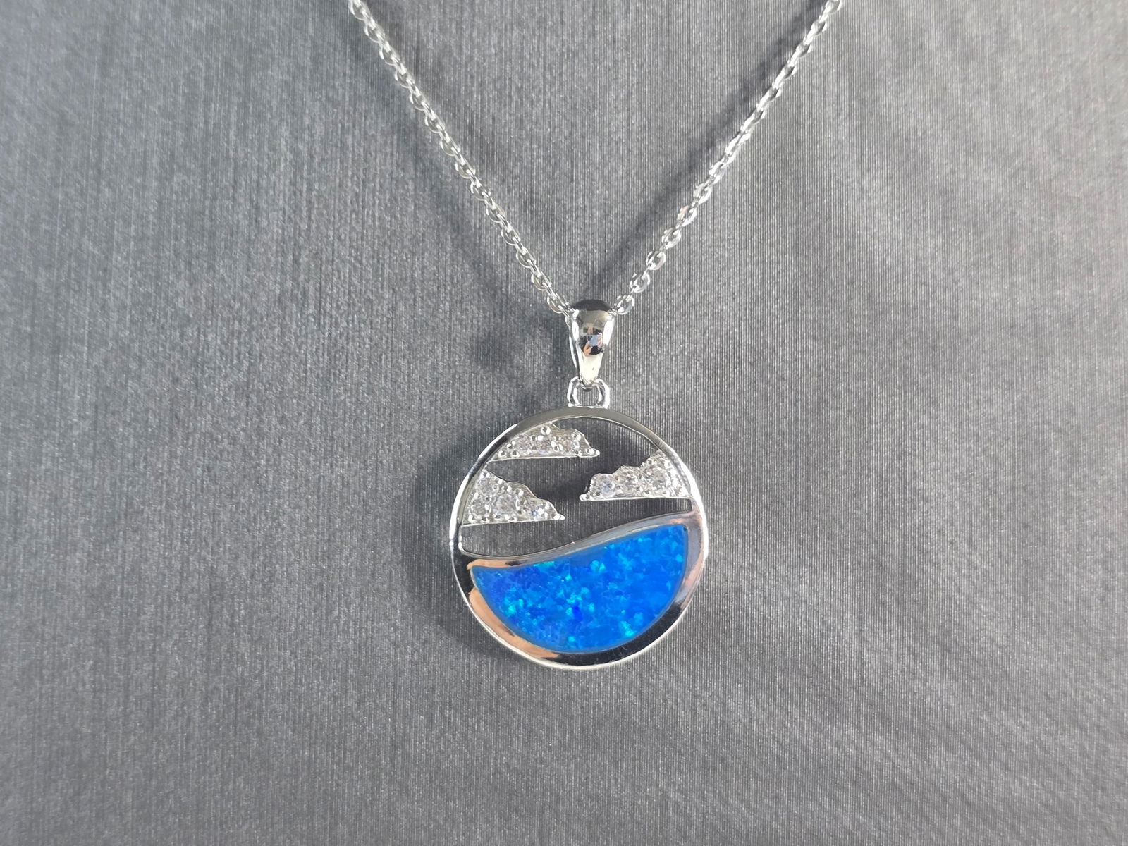 Womens Sterling Silver Blue Opal Ocean Wave Cloud Pendant Necklace (1 of 4)