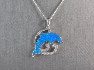Womens Sterling Silver Blue Opal Dolphin Pendant Necklace