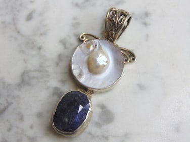 Womens Sterling Silver MOP & Lapis Lazuli Pendant