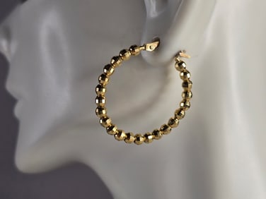 Womens Vintage Estate 18k Yellow Gold Beaded Modernist Hoop Earrings