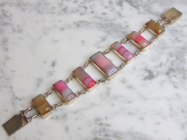 Womens Vintage Estate Sterling Silver Agate Bracelet