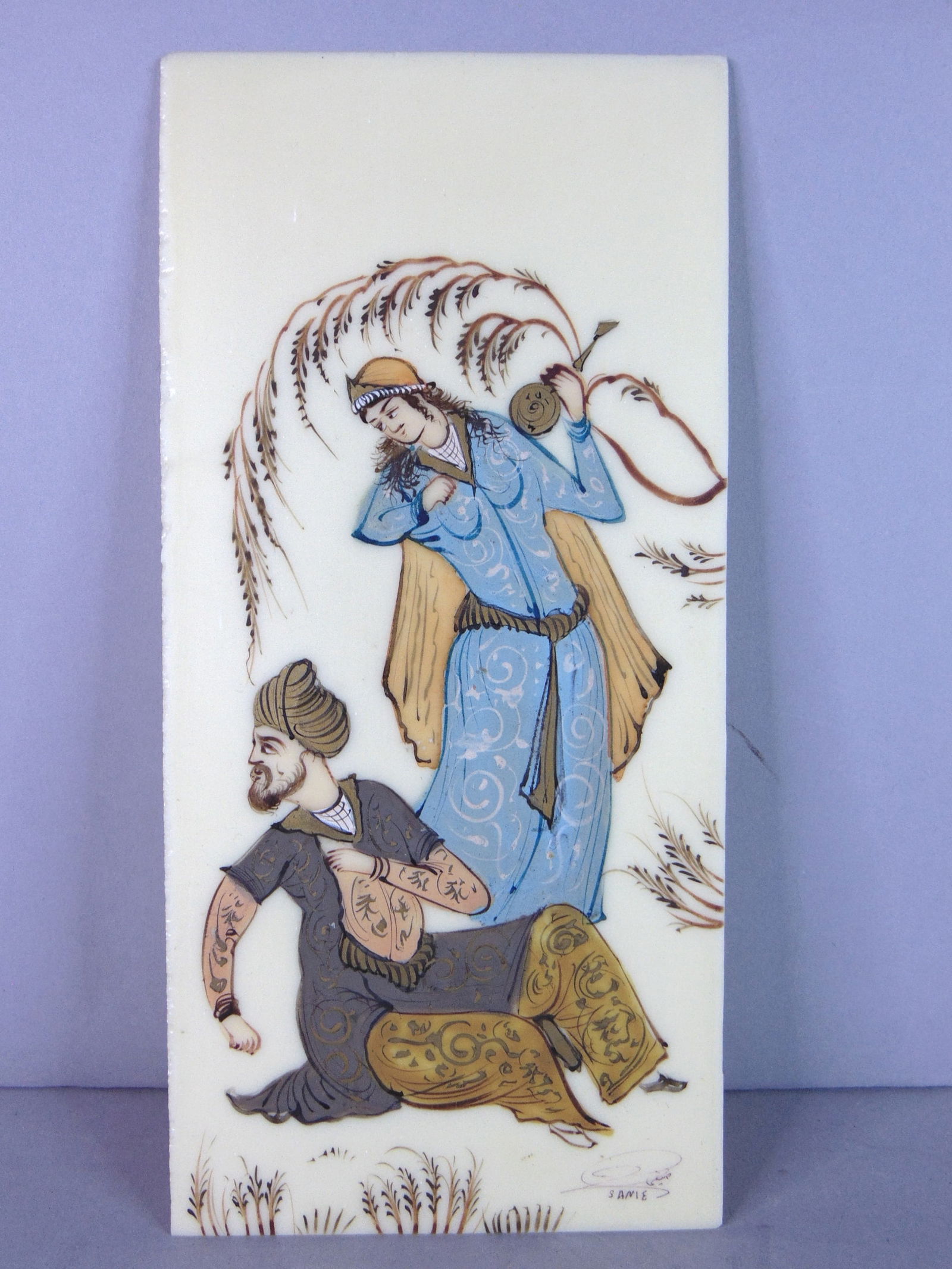 Vintage Decorative Signed Persian Indian Mughal Hand Painted Couples Scene: FOR SALE IS THIS VINTAGE DECORATIVE SIGNED PERSIAN INDIAN MUGHAL HAND PAINTED COUPLES SCENE. NOT SURE WHAT MATERIAL IT WAS PAINTED ON. PAINTING MEASURES 7 3/4" LONG BY 3 3/4" WIDE. ANY QUESTIONS PLEAS