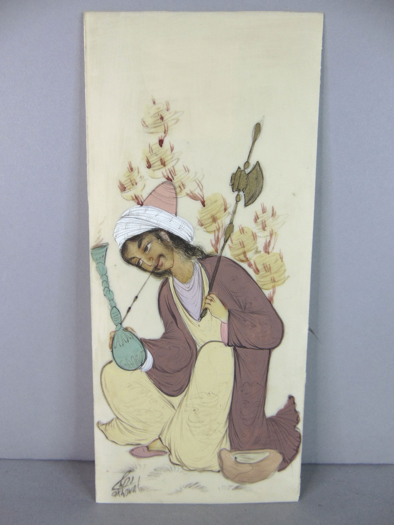 Vintage Decorative Signed Persian Indian Mughal Hand Painted Art: FOR SALE IS THIS VINTAGE DECORATIVE SIGNED PERSIAN INDIAN MUGHAL HAND ART. NOT SURE WHAT MATERIAL IT WAS PAINTED ON. PAINTING MEASURES 7 7/8" LONG BY 3 1/2" WIDE. ANY QUESTIONS PLEASE DO NOT HESITATE