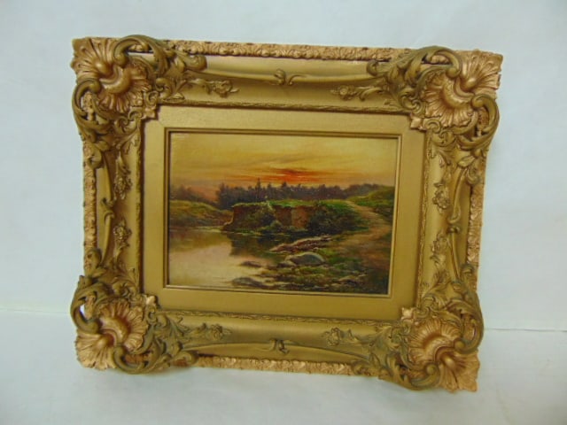 ANTIQUE OIL ON WOOD SLAT BOARD PAINTING W/ ORNATE FRAME (1 of 5)