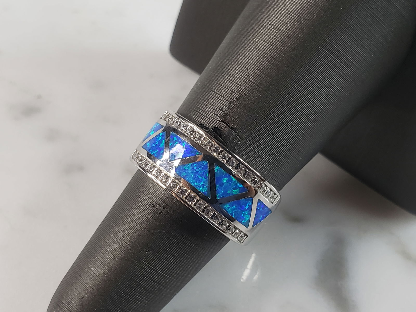 Womens Estate Sterling Silver Modernist Blue Opal & CZ Ring (1 of 5)