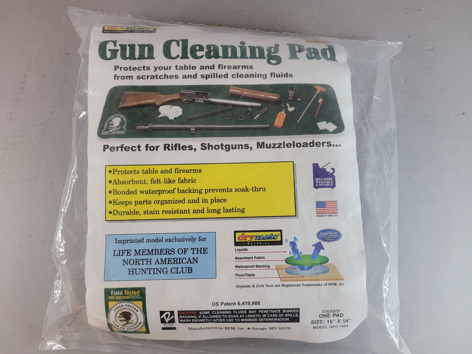 North American Club Drymate Gun Cleaning Pad Premium Cleaning Mat 16" x 54": A BRAND NEW GUN CLEANING PAD MADE EXCLUSIVELY FOR THE NORTH AMERICAN HUNTING CLUB. PAD MEASURES 16" BY 54". ANY QUESTIONS PLEASE DO NOT HESITATE TO ASK. BE SURE TO CHECK OUT OUR OTHER GREAT ITEMS UP F