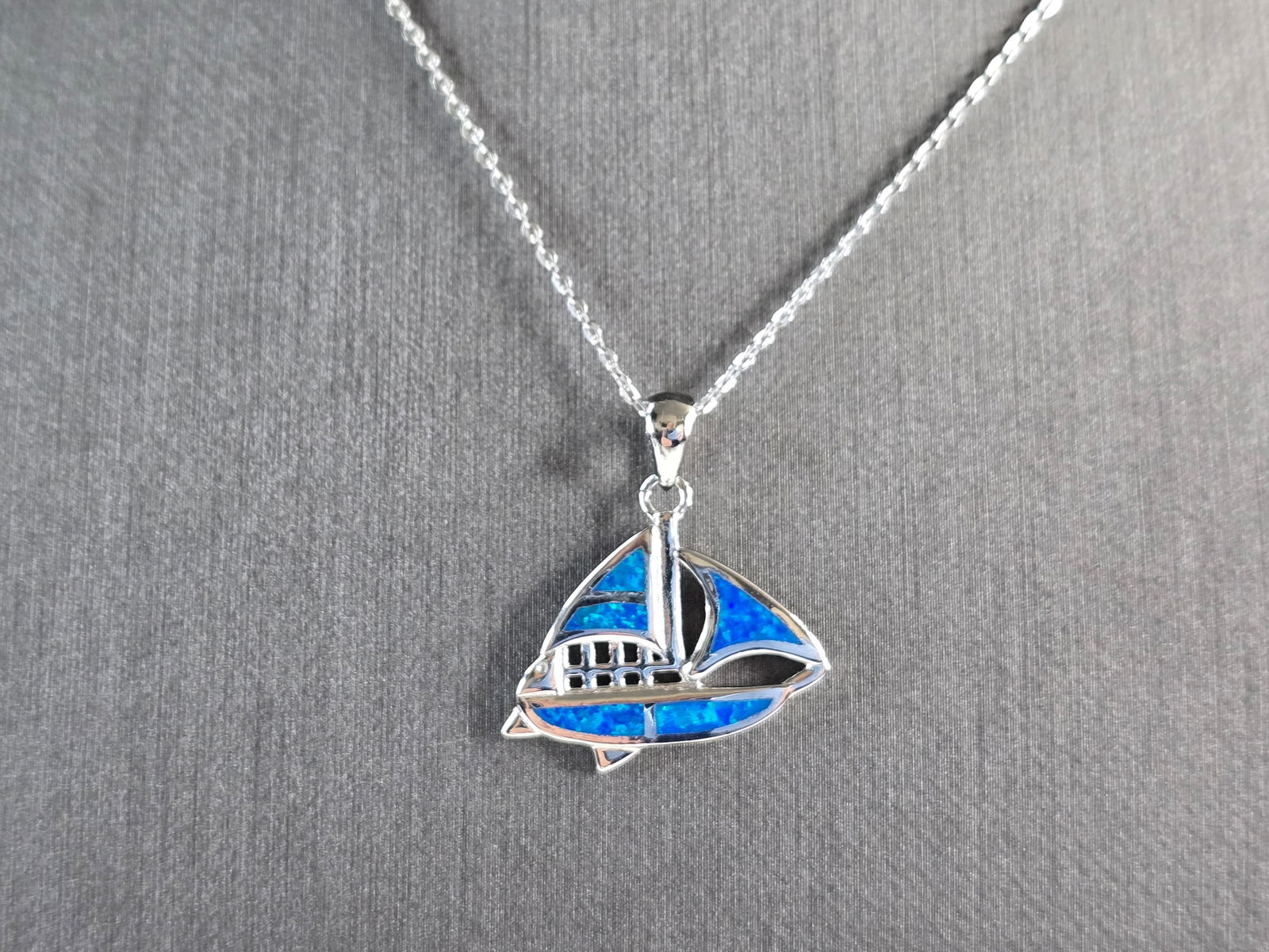 Womens Sterling Silver Blue Opal Sailboat Pendant Necklace (1 of 4)