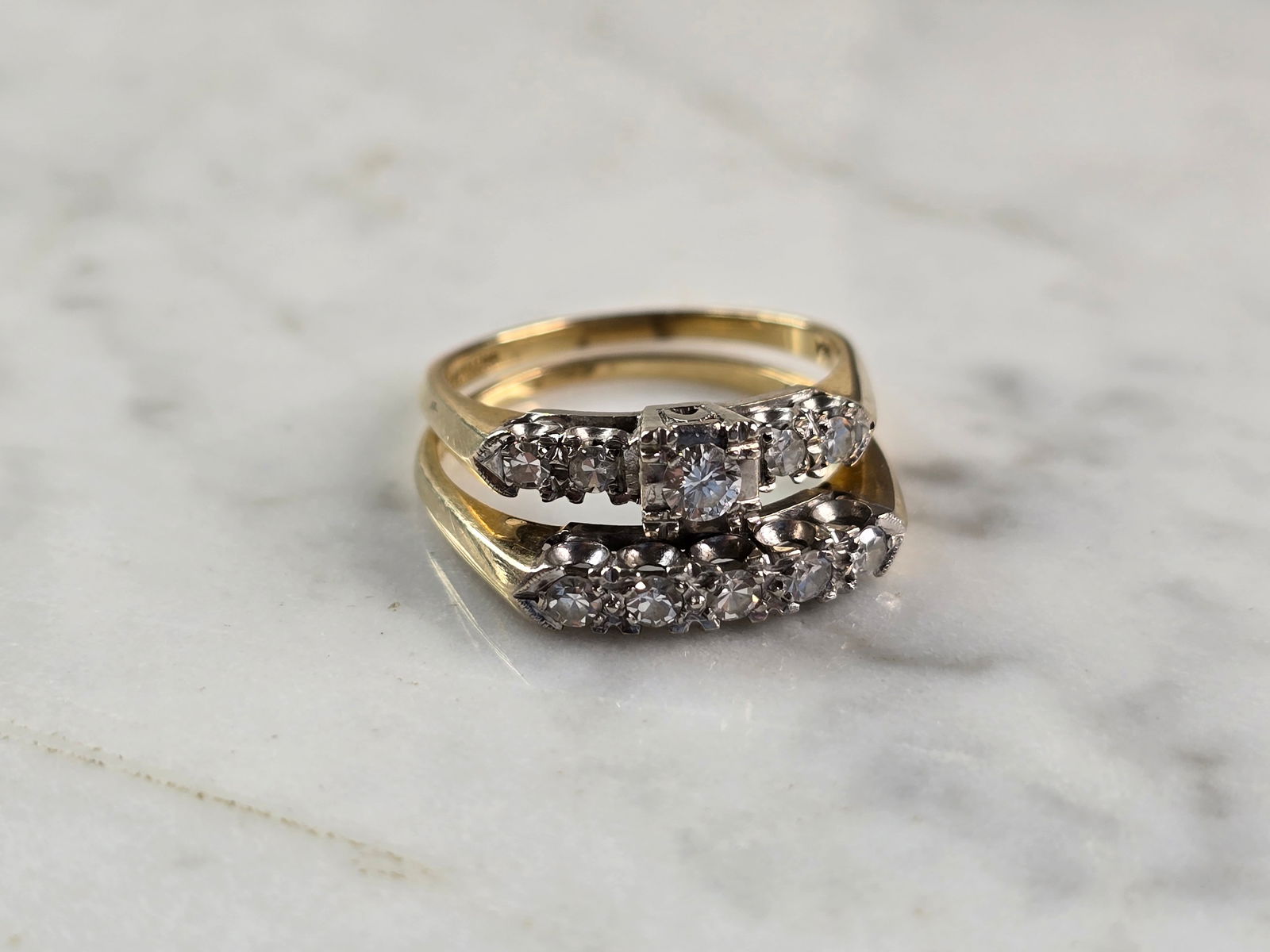 Womens Vintage Estate 14K Yellow Gold Diamond Engagement Ring Set (1 of 7)