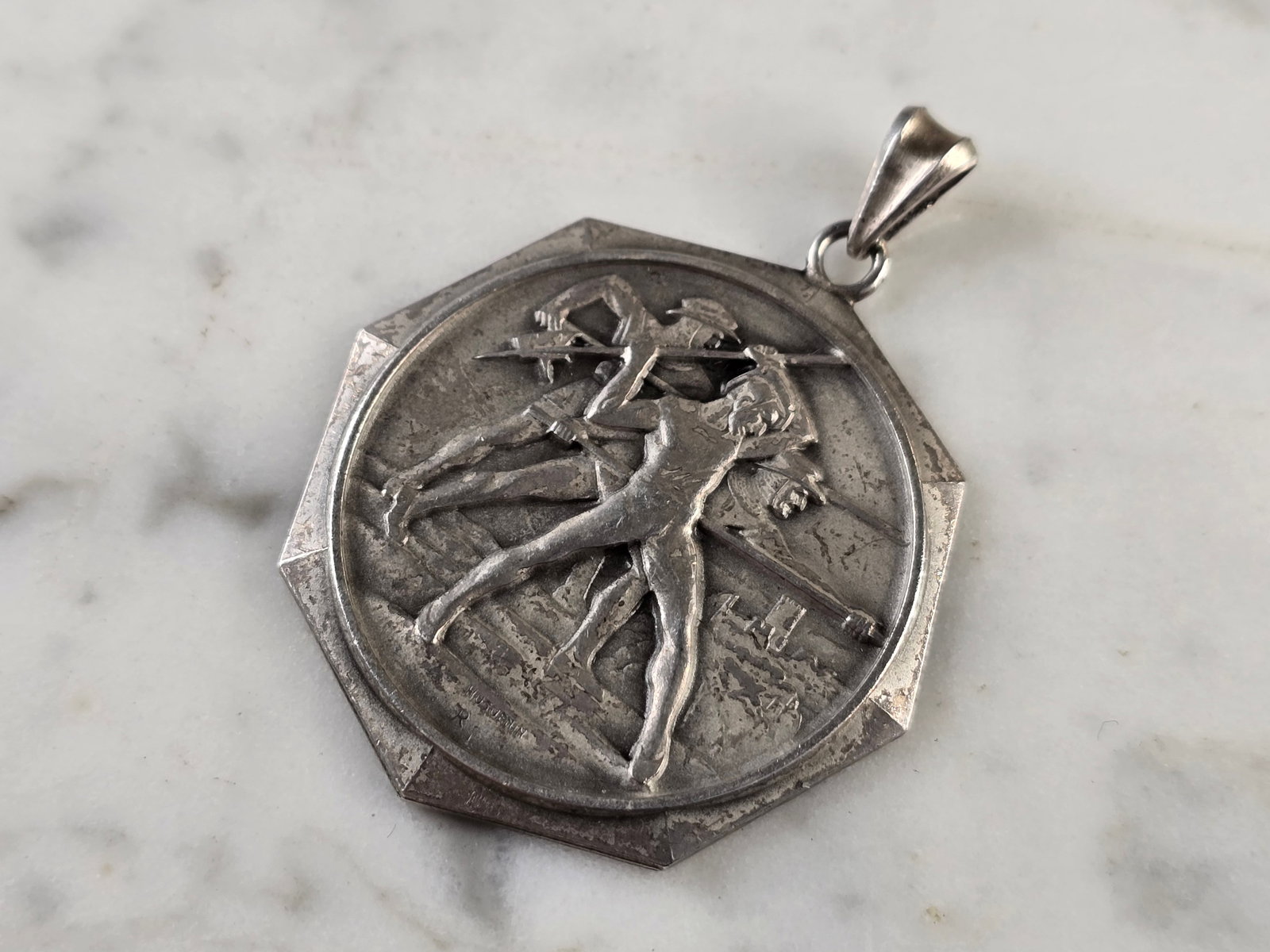 Rare Sterling Silver 1956 Swiss German Huguenin Rifle Medal Pendant (1 of 4)