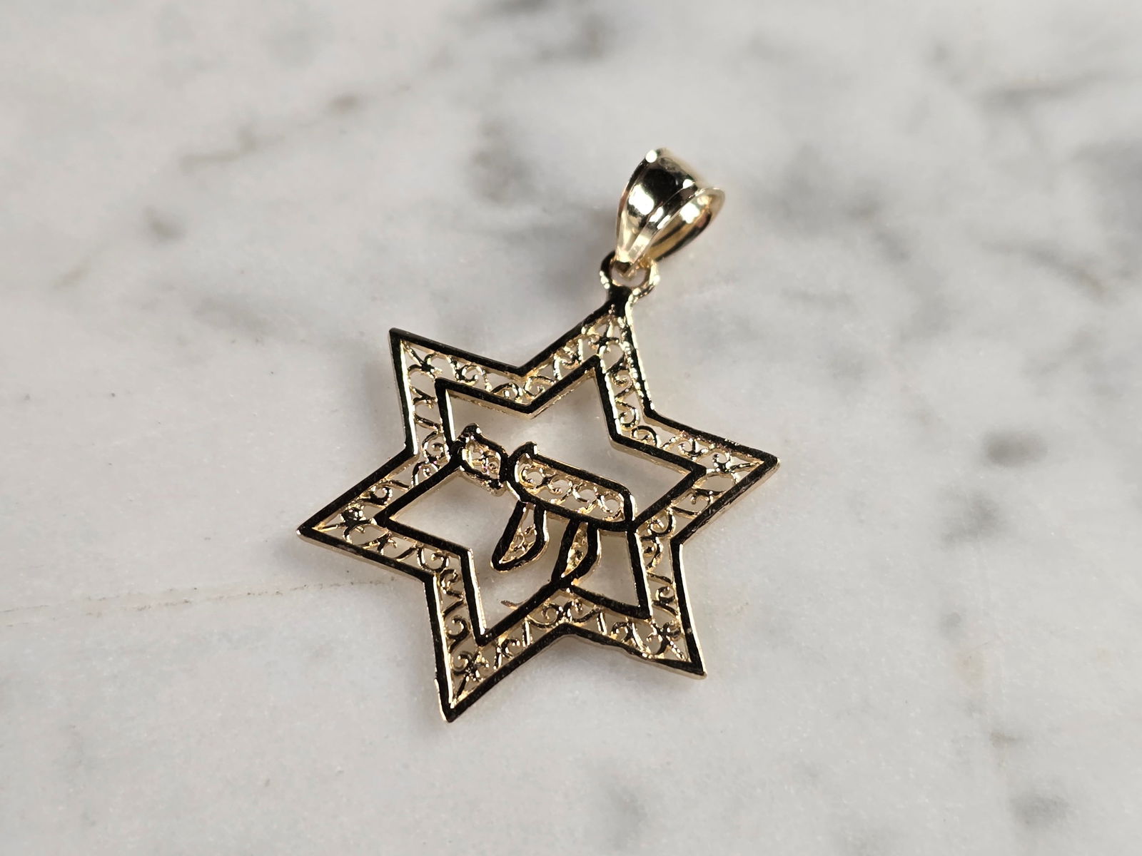 14k Yellow Gold Jewish Judaica Star of David Chai Pendant (1 of 3)