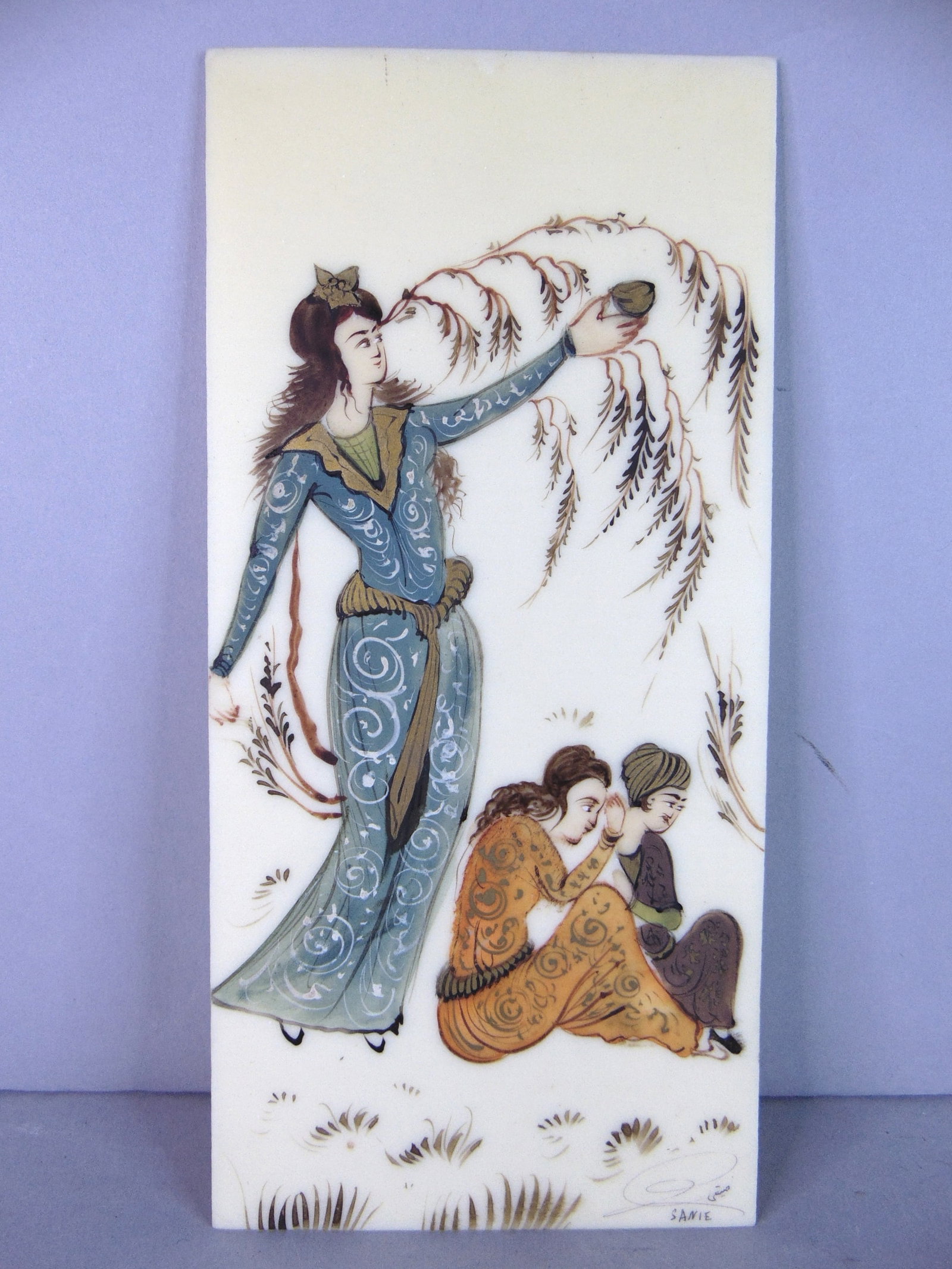 Vintage Decorative Signed Persian Indian Mughal Hand Painted Art: FOR SALE IS THIS VINTAGE DECORATIVE SIGNED PERSIAN INDIAN MUGHAL HAND PAINTED ART. NOT SURE WHAT MATERIAL IT WAS PAINTED ON. PAINTING MEASURES 7 5/8" LONG BY 3 5/8" WIDE. ANY QUESTIONS PLEASE DO NOT H