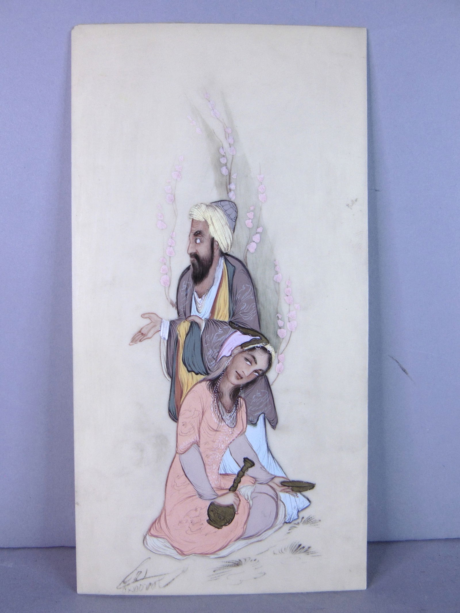 Vintage Decorative Signed Persian Indian Mughal Hand Painted Couples Scene: FOR SALE IS THIS VINTAGE DECORATIVE SIGNED PERSIAN INDIAN MUGHAL HAND PAINTED COUPLES SCENE. NOT SURE WHAT MATERIAL IT WAS PAINTED ON. PAINTING MEASURES 7 3/4" LONG BY 4" WIDE. ANY QUESTIONS PLEASE