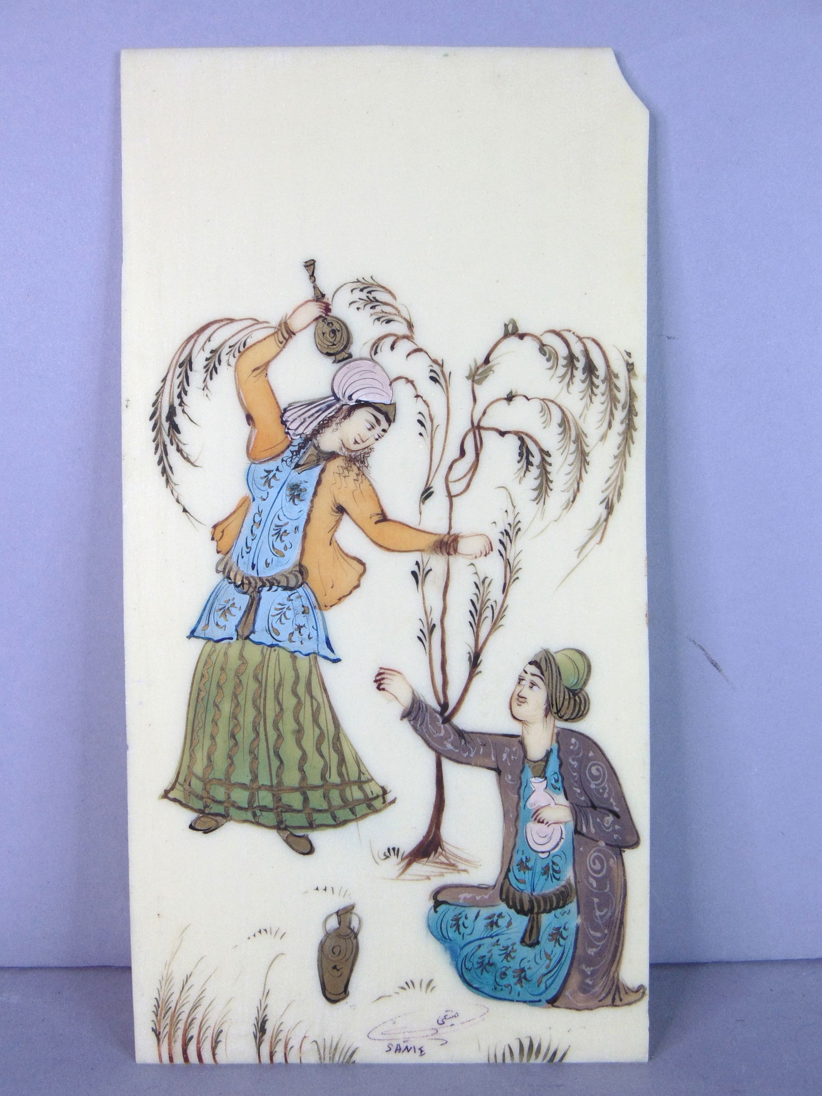 Vintage Decorative Signed Persian Indian Mughal Hand Painted Party Scene: FOR SALE IS THIS VINTAGE DECORATIVE SIGNED PERSIAN INDIAN MUGHAL HAND PARTY SCENE. NOT SURE WHAT MATERIAL IT WAS PAINTED ON. PAINTING MEASURES 7 5/8" LONG BY 4" WIDE. PAINTING HAS A CHIPED CORNER AS S