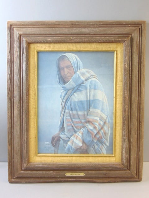 Vintage Framed 'Taos Indian' Signed Print by James Fields: A VINTAGE FRAMED 'TAOS INDIAN' SIGNED PRINT BY JAMES FIELDS. PIECE MEASURES 24 3/4" BY 20 3/4" WITH THE FRAME, AND IS SIGNED AND DATED BY THE ARTIST. ARTWORK IS IN GREAT SHAPE, THE FRAME HAS ONE CORNE