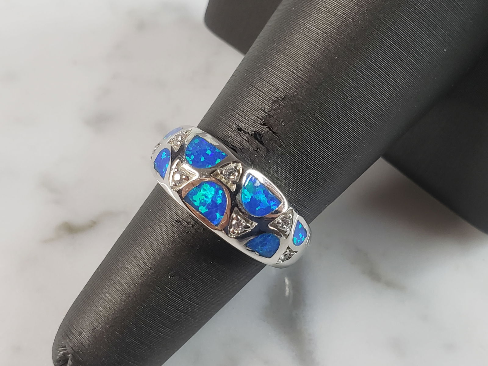Womens Estate Sterling Silver Modernist Blue Opal & CZ Ring (1 of 6)