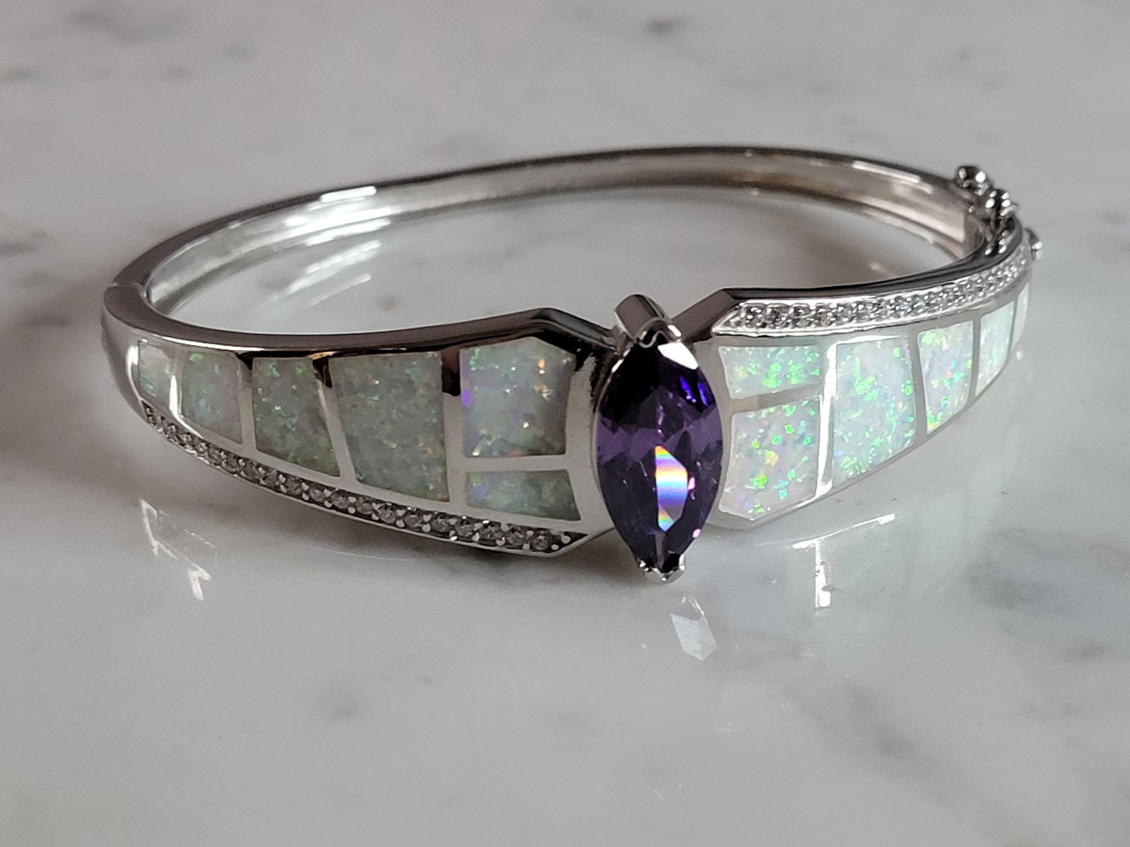 Womens Sterling Silver Modernist Opal Bangle Bracelet (1 of 4)