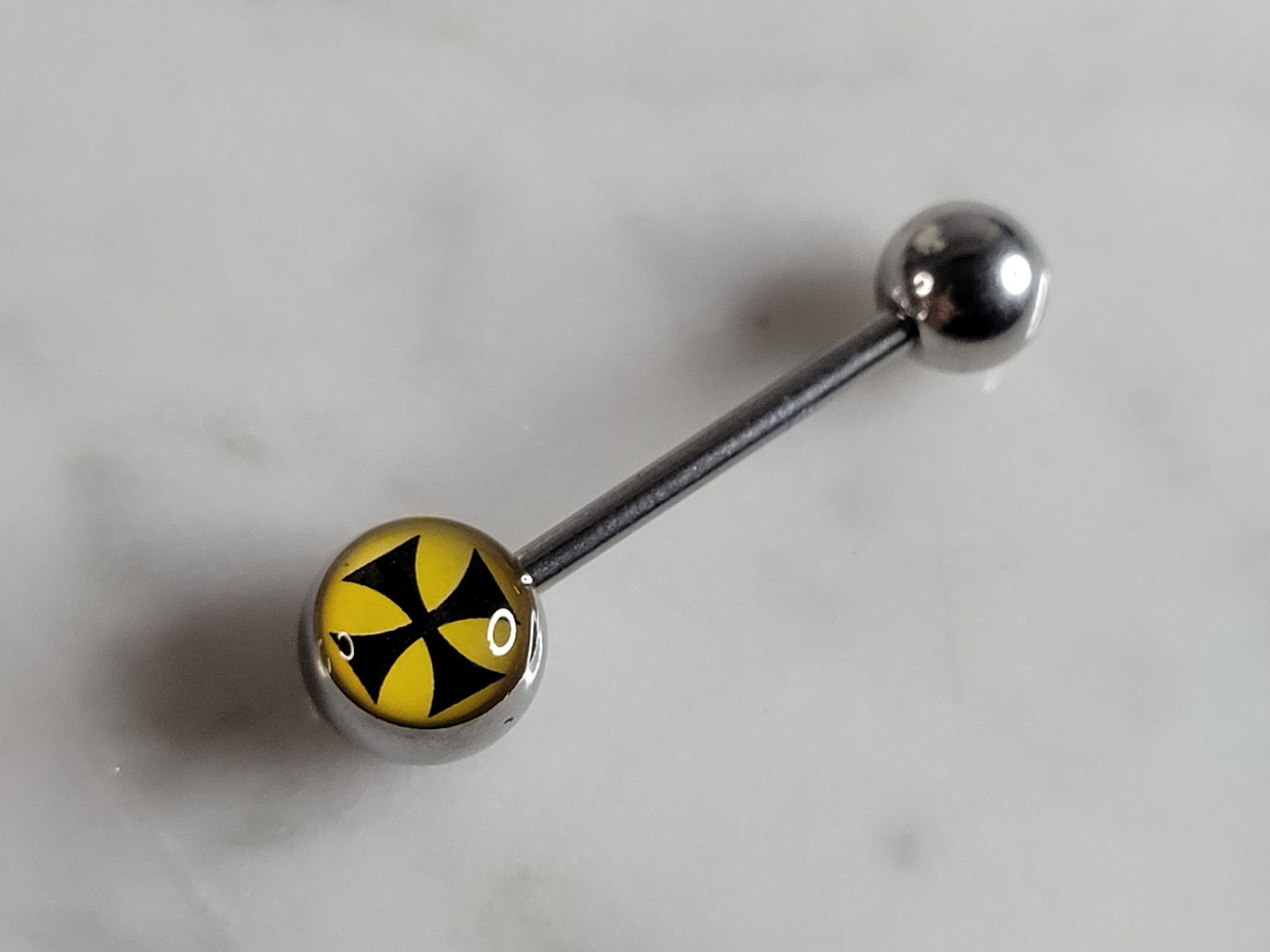 New Surgical Steel Iron Cross Flames Nipple Ear Tongue Piercing Barbell: A NEW BODY PIERCING MADE OF SURGICAL STEEL WITH AN IRON CROSS AND FLAMES. PIERCING BAR MEASURES 1 1/8" LONG. ANY QUESTIONS, PLEASE DON'T HESITATE TO ASK. MAKES AN ATTRACTIVE GIFT FOR THAT SOMEONE SPEC