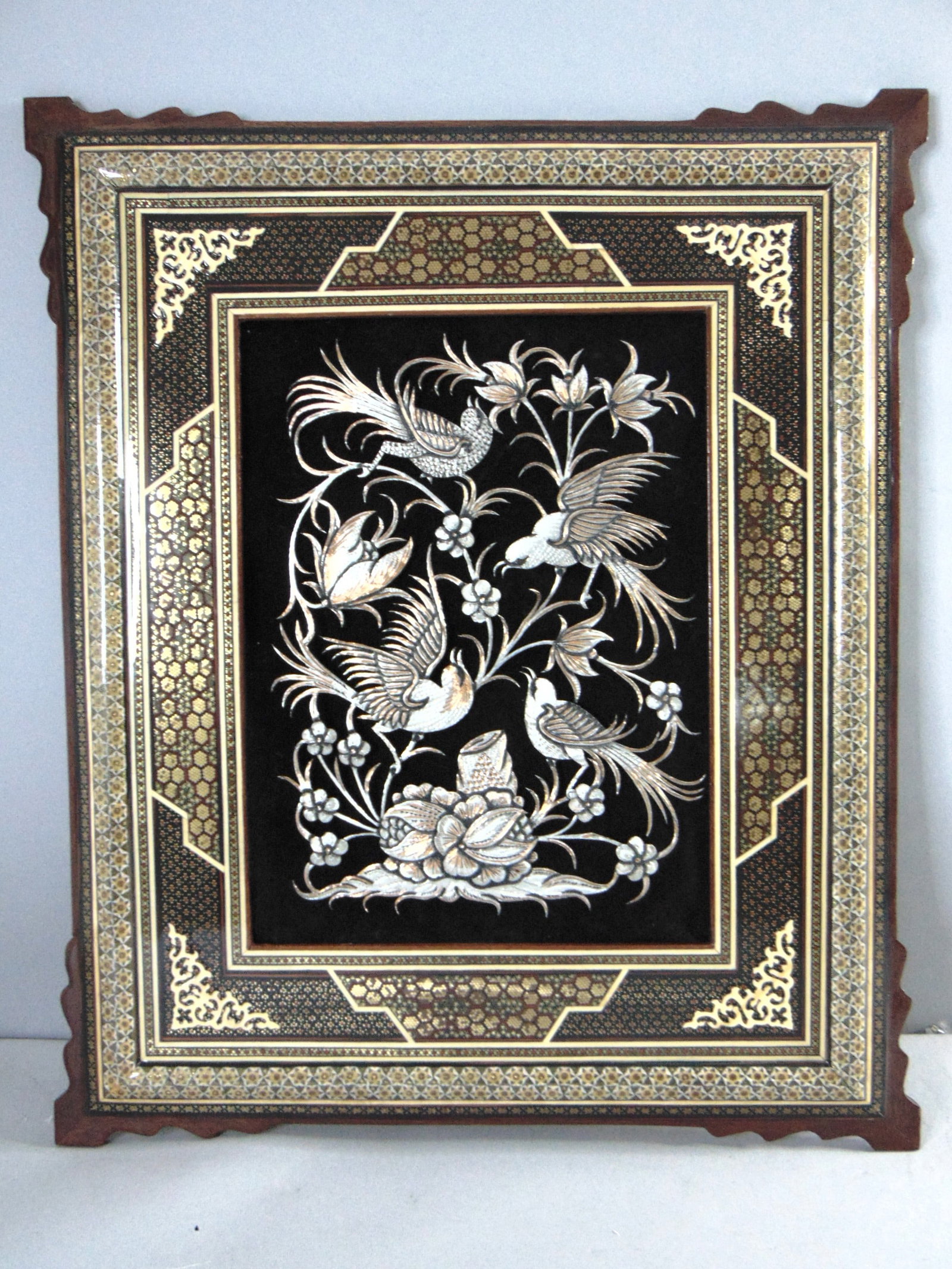 Decorative Turkish Or Persian Inlay Wall Decor: AN EXQUISITE TURKISH OR PERSIAN MARQUETRY INLAID WALL HANGING WITH COPPER ETCHED BIRDS AND FLOWERS. PIECE MEASURES 25 3/4" BY 21 1/2". CONDITION IS GREAT. THE DETAIL THROUGHOUT IS ABSOLUTELY AMAZING.