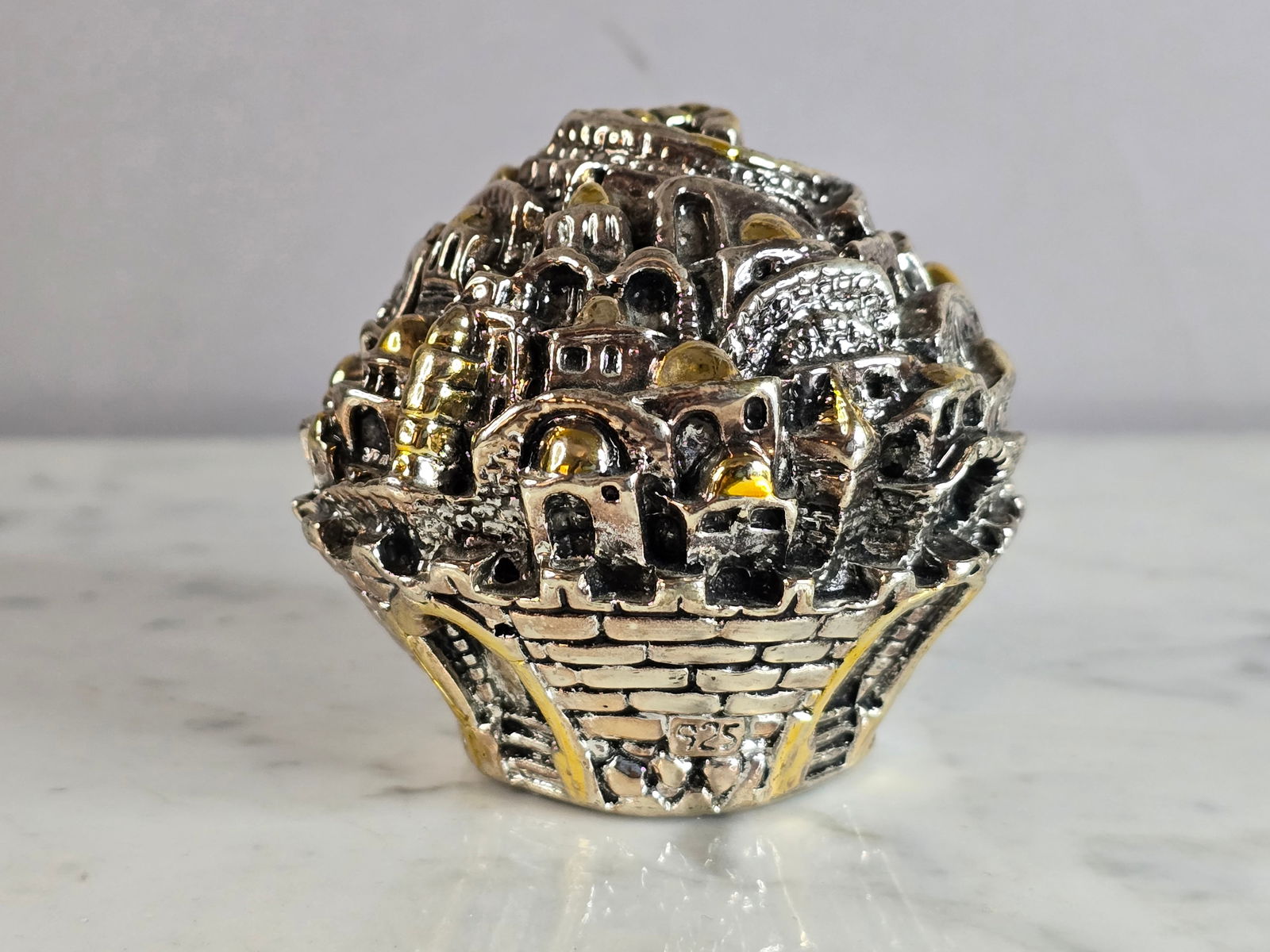 Vintage Jewish Judaica Sterling Silver Jerusalem Sculpted Paperweight: This vintage collectible Jewish Judaica sterling silver religious Jerusalem paperweight. Piece measures about 2 1/2" tall by about 2 3/4" wide, and weighs 214.9g. Shipping and handling is $15 within t