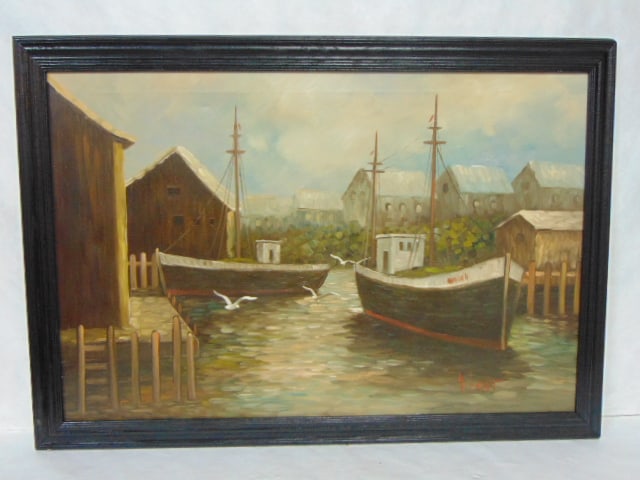 VINTAGE OIL ON CANVAS SEASCAPE PAINTING JEAN AMIOT: A LOVELY VINTAGE OIL ON CANVAS SEASCAPE PAINTING DONE BY LISTED ARTIST JEAN AMIOT. THE PAINTING MEASURES 40" BY 28" WITH THE FRAME. CONDITION OF THE PAINTING IS GREAT.