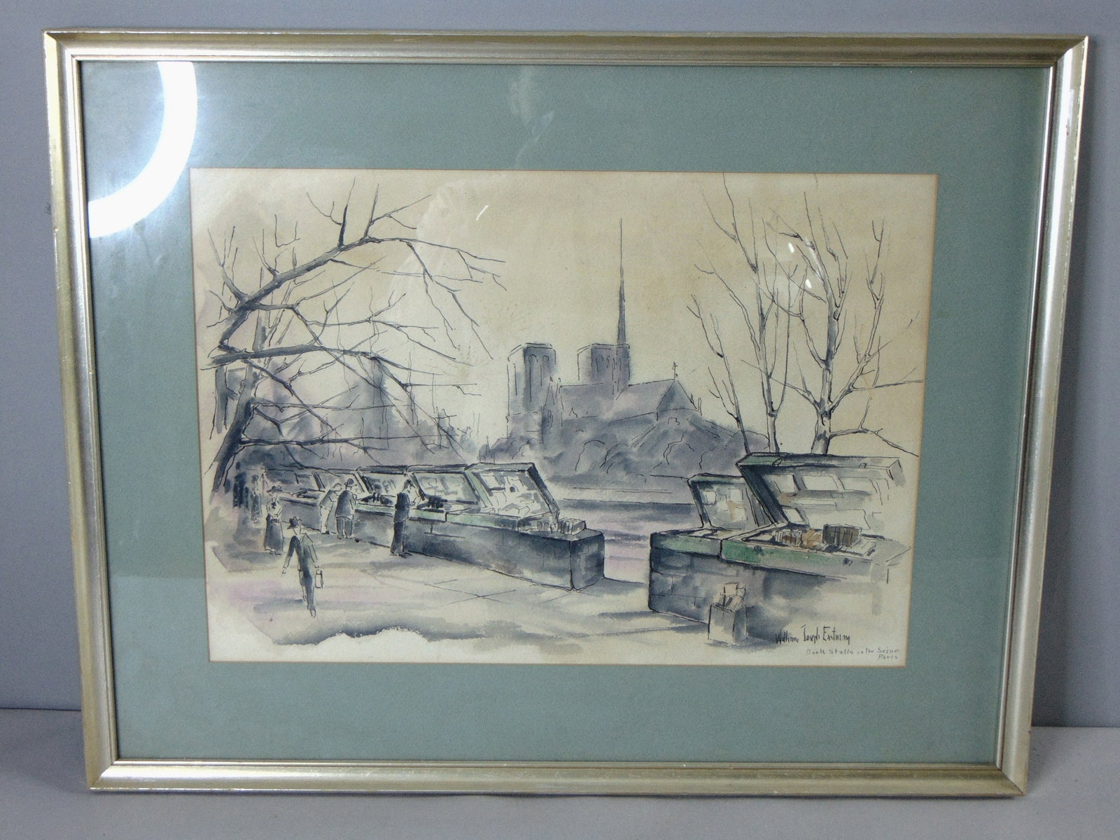 Vintage Signed William Joseph Eastman Watercolor Book Stalls in Paris: FOR SALE IS THIS VINTAGE SIGNED WILLIAM JOSEPH EASTMAN WATERCOLOR TITLED "BOOK STALLS ON SEINE PARIS . THE FRAME MEASURES 20 1/2" BY 25 3/4". PIECE CAME FROM AN ESTAE FROM AN ANTIQUES COLLECTOR IN FRA