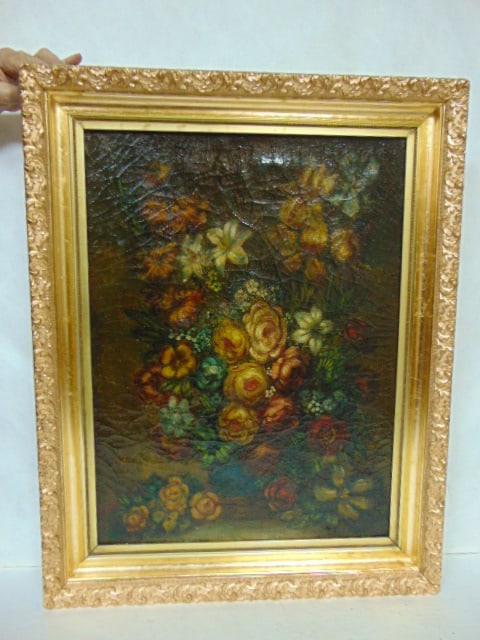 19TH C. ANTIQUE OIL ON CANVAS FLORAL PAINTING: A BEAUTIFUL PRIMITIVE ANTIQUE EARLY TO MID 19TH C. OIL ON CANVAS STILL LIFE FLORAL PAINTING THAT IS SIGNED "WATERBURY". THE PAINTING WITH THE FRAME MEASURES 33 1/2" BY 26 1/4". CONDITION OF THE PAINTI