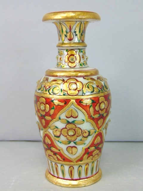Small Decorative Hand Painted Natural Marble Vase: THIS WONDERFUL SMALL DECORATIVE MARBLE VASE THAT HAS BEEN HOLLOWED OUT FROM A SOLID PIECE OF MARBLE, HAND PAINTED WITH JEWEL TONE COLORS AND GOLD LEAF PAINT, AND THEN ACCENTED WITH SPARKLING DIAMOND C