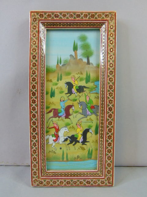 Hand Painted Hunt Scene w/ Khatam Inlaid Frame: FOR SALE IS THIS VINTAGE DECORATIVE MIDDLE EASTERN HAND PAINTED HUNT SCENE WITH KHATAM INLAID FRAME. FRAME MEASURES 11 1/2" LONG BY 5 3/8" WIDE. ANY QUESTIONS PLEASE DO NOT HESITATE TO ASK. BE SURE TO